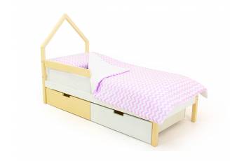 Кровать-домик мини Svogen с ящиками и бортиком бежево-белый