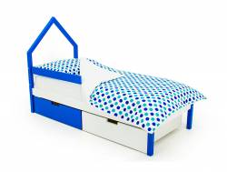 Кровать-домик мини Svogen с ящиками и бортиком сине-белый
