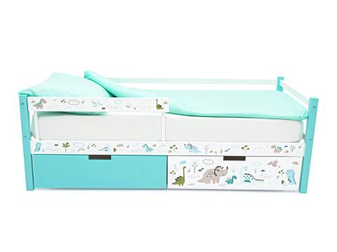 Кровать-тахта Svogen с ящиками и бортиком с фотопечатью мятный/динозаврики