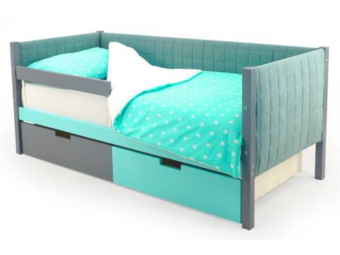 Кровать-тахта мягкая Svogen с ящиками и бортиком графит-мятный