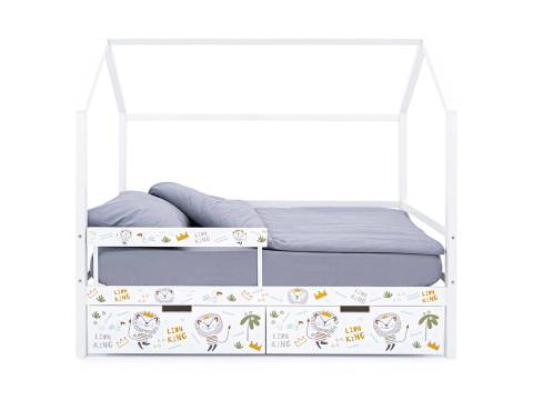 Кровать-домик Svogen с фото с ящиками и бортиком белый/львята