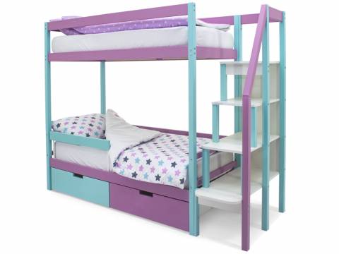 Двухъярусная кровать Svogen с ящиками и бортиком мятный-лаванда
