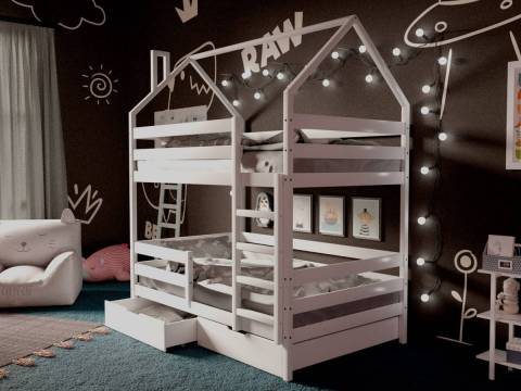 Двухъярусная кровать-домик белый 80х190 см с ящиками